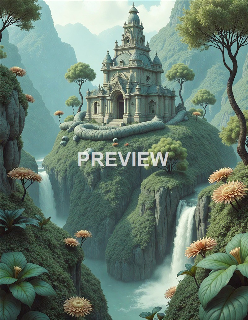 A fantastical castle perched on a lush green hill surrounded by waterfalls, trees, and vibrant flowers in a mystical landscape.